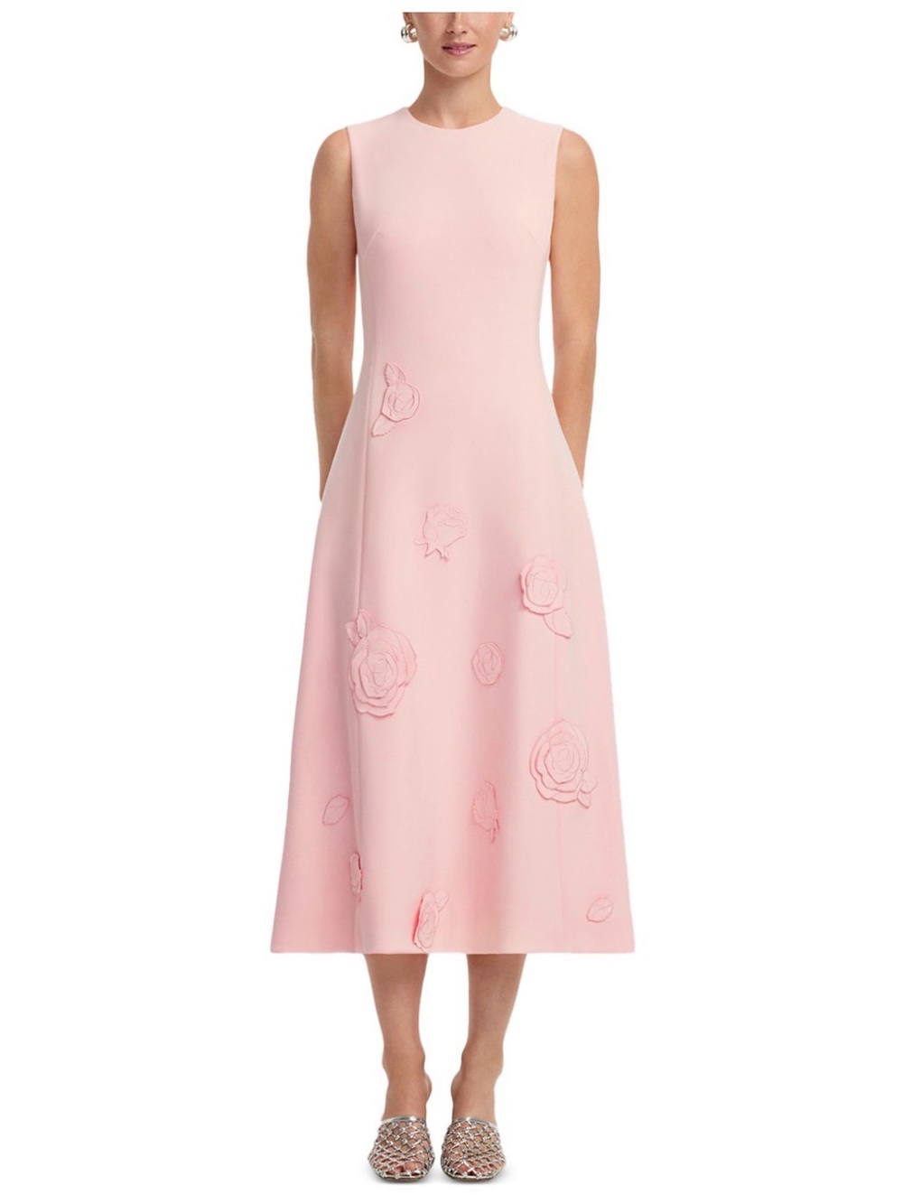NWT LEO LIN Cleo Appliqué Sleeveless Midi Dress Blush Pink A-Line Floral Size 12